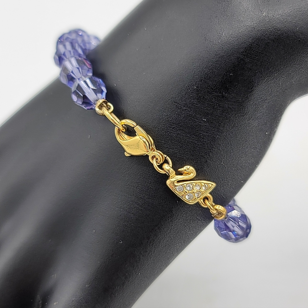 Swarovski Lavender Crystal Bead Bracelet Gold Swan Tag 7" Vintage - Picture 1 of 8